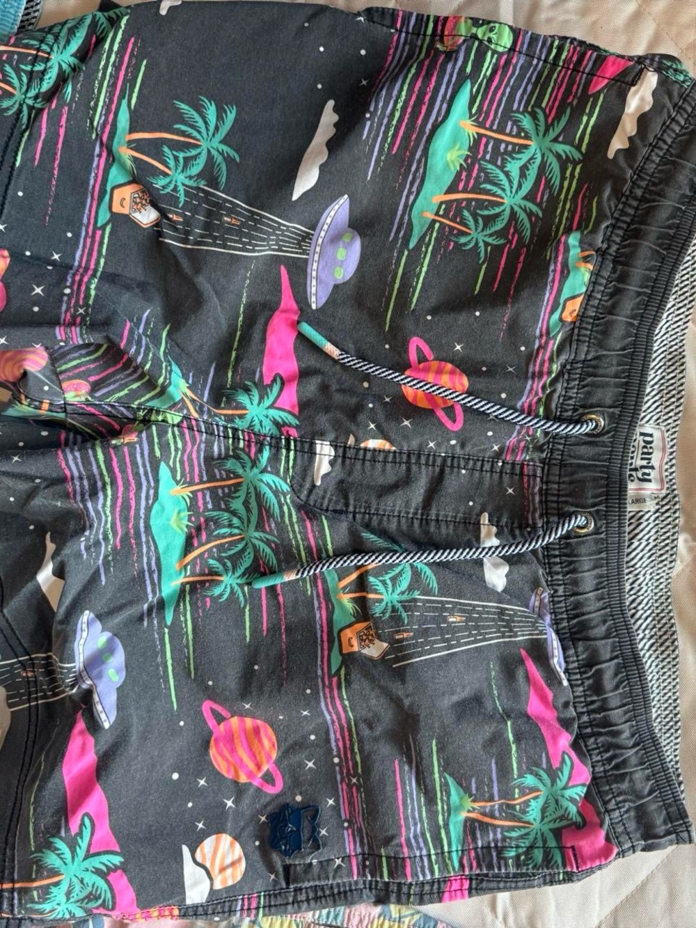 Men’s Party Pants Black Tropical UFO Print Swim Trunks